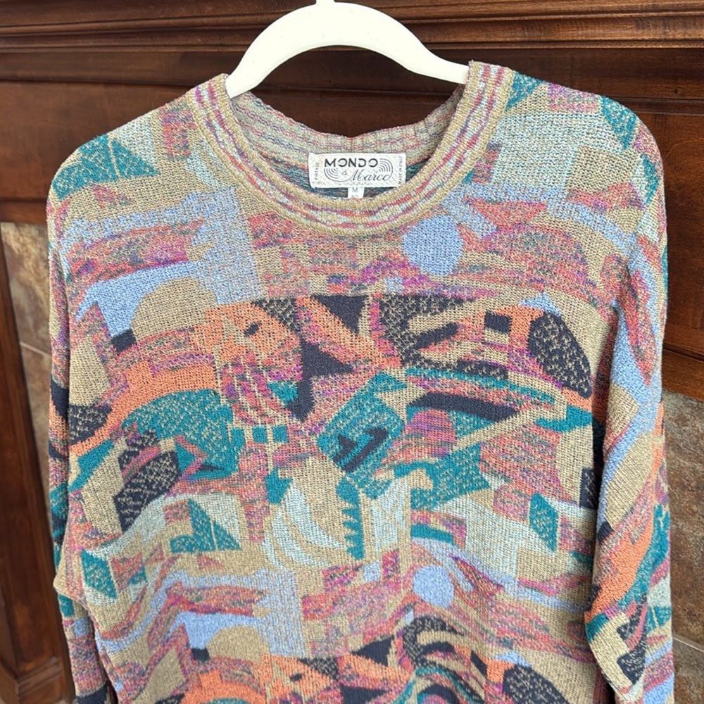 Vintage Italian made sweater colorful geometric Cosby vibes 80s 90s artsy M/L - Picture 2 of 11